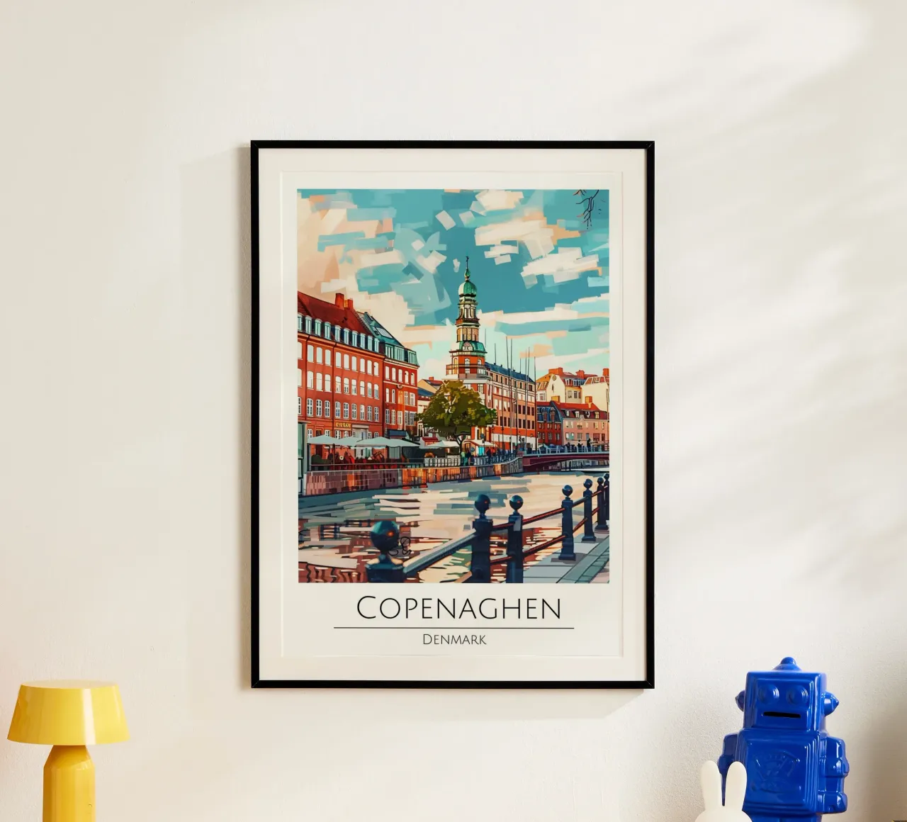 Copenaghen Danimarca | Poster moderno d'epoca con paesaggio urbano poster con telaio in plastica da homdeco
