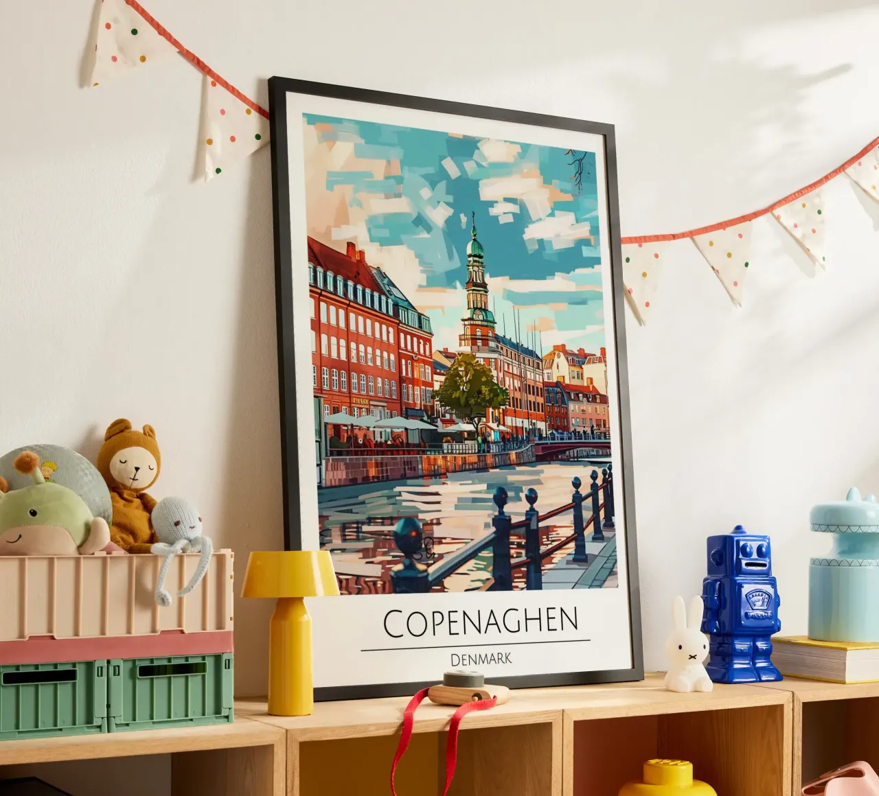 Copenaghen Danimarca | Poster moderno d'epoca con paesaggio urbano poster con telaio in plastica da homdeco