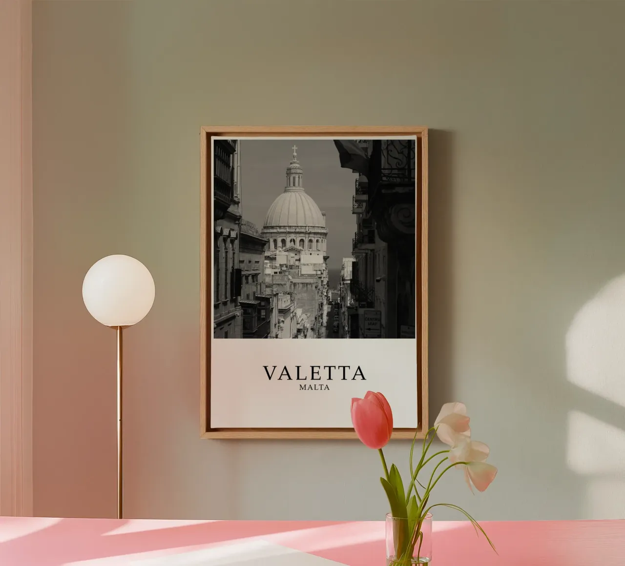 Valetta Malta Architecture Scene Greyscale canvas with Floater frame by Charnwood Prints