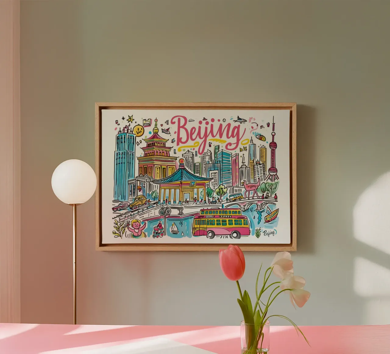 Beijing Stadsgezicht Funky Art Print - Levendig China Reis Positie canvas met Baklijst van homdeco