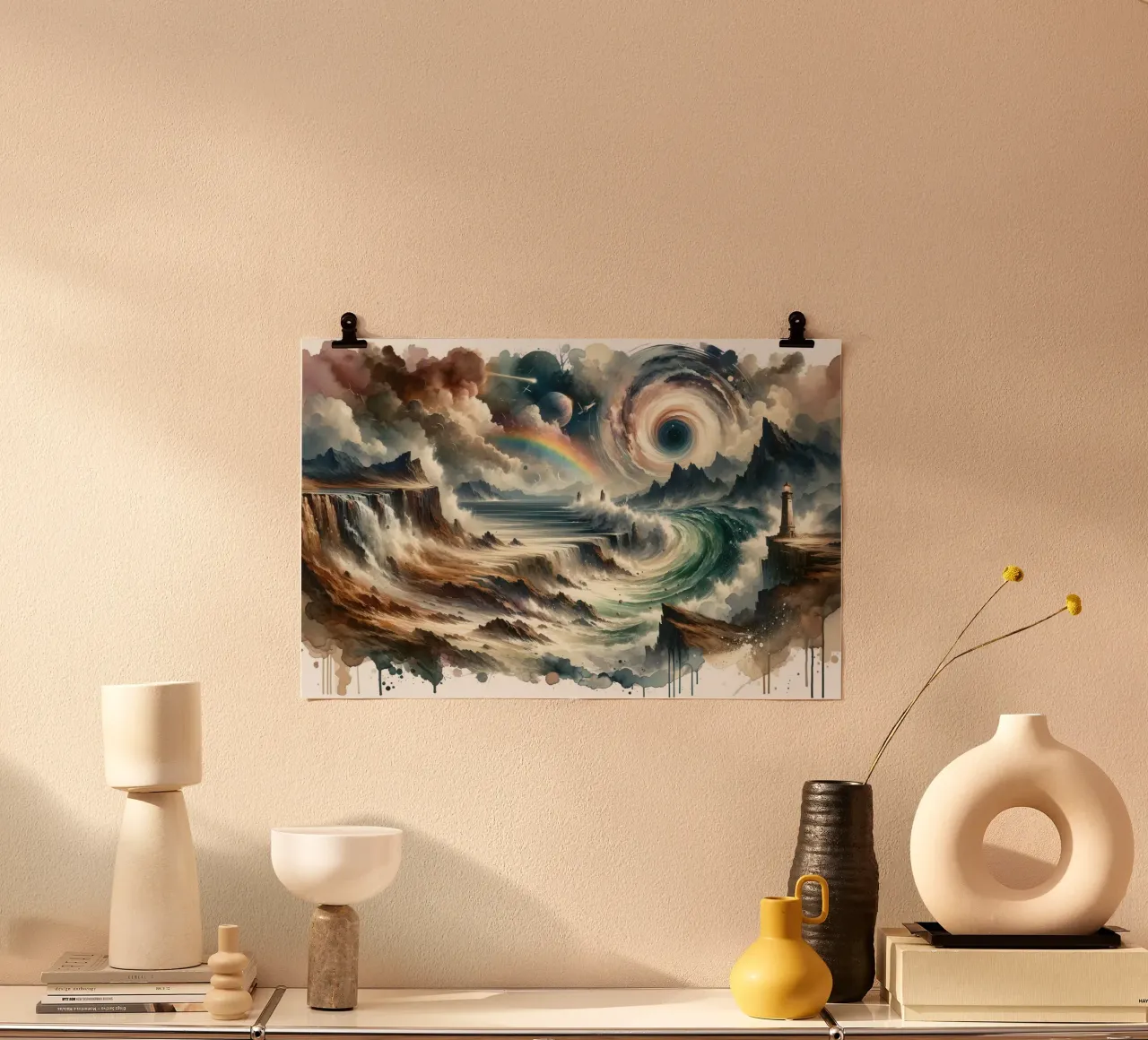 Tempestdans in een abstracte werveling poster met houten frame van Chromatic Fusion Studio