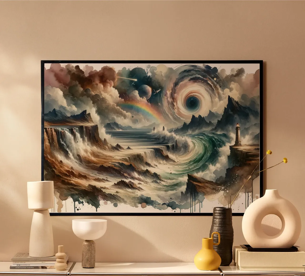 Tempestdans in een abstracte werveling poster met houten frame van Chromatic Fusion Studio