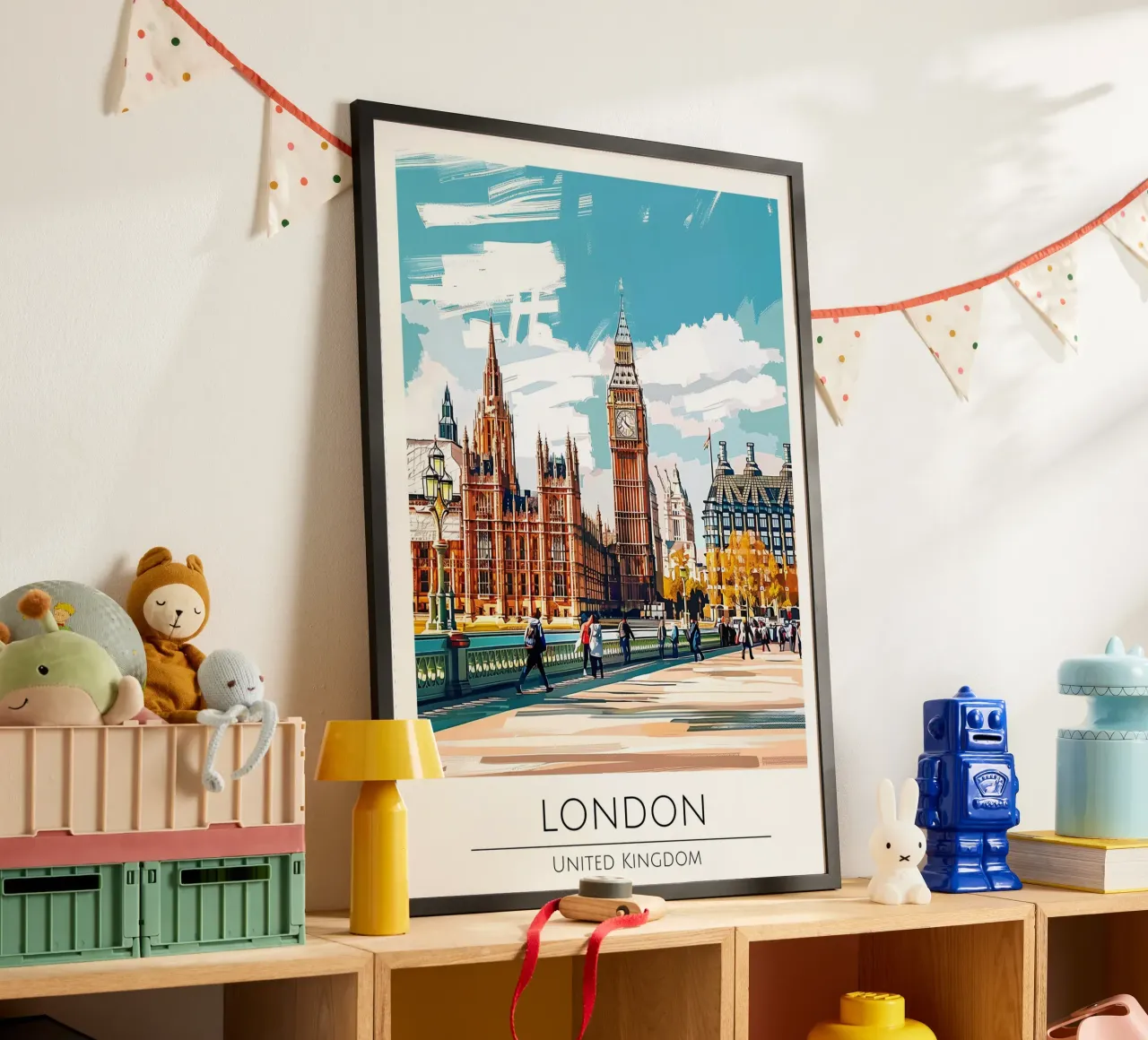 Londra, Regno Unito - Poster di viaggio in stile vintage poster con telaio in alluminio da homdeco