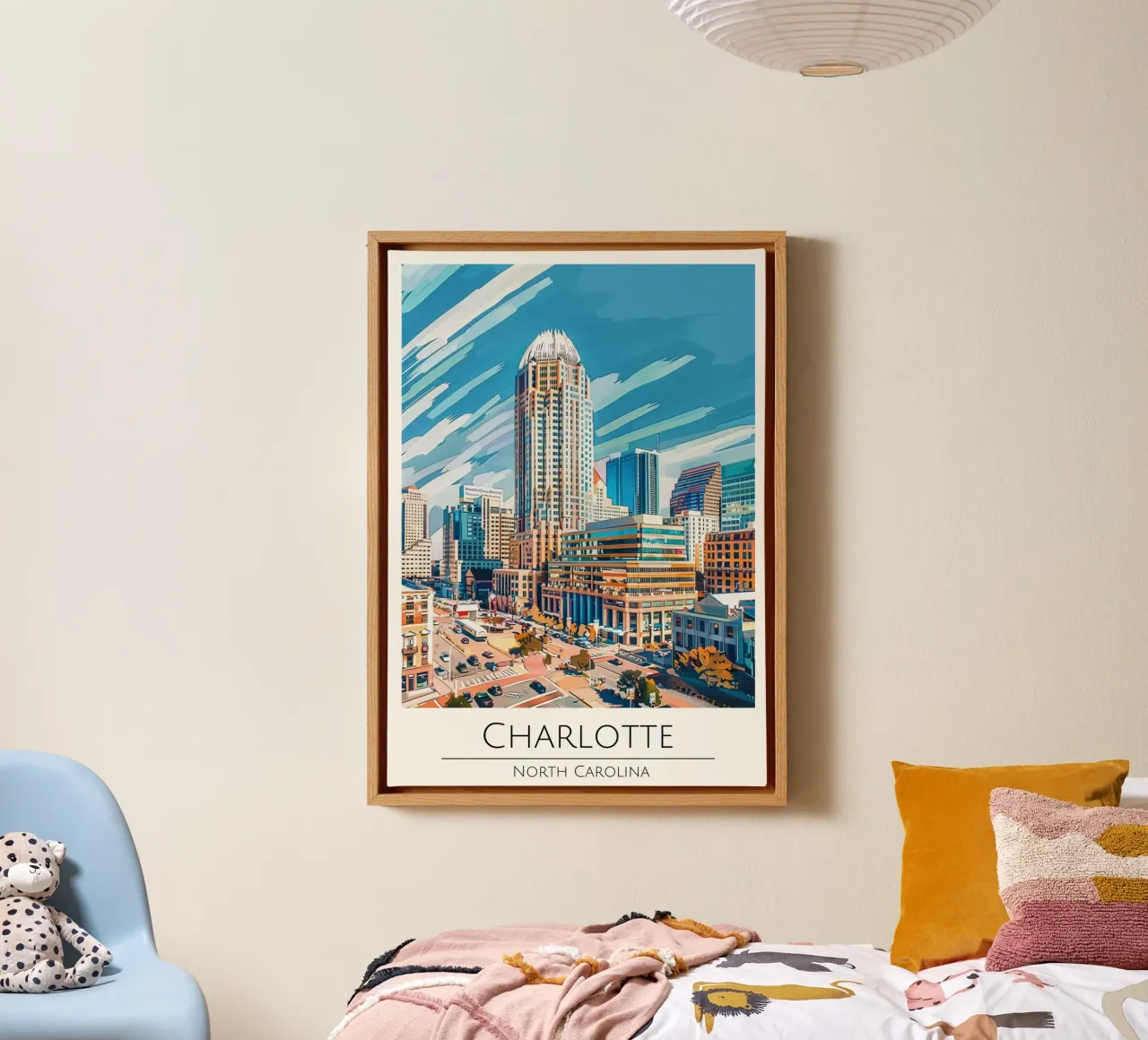 Charlotte, Carolina del Nord - Poster di viaggio in stile vintage tela con Cornice a cassetta da homdeco