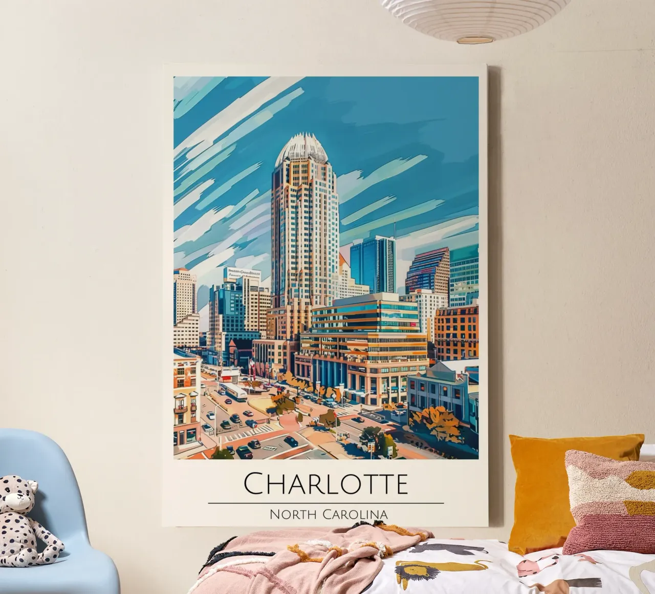 Charlotte, Carolina del Nord - Poster di viaggio in stile vintage tela con Cornice a cassetta da homdeco