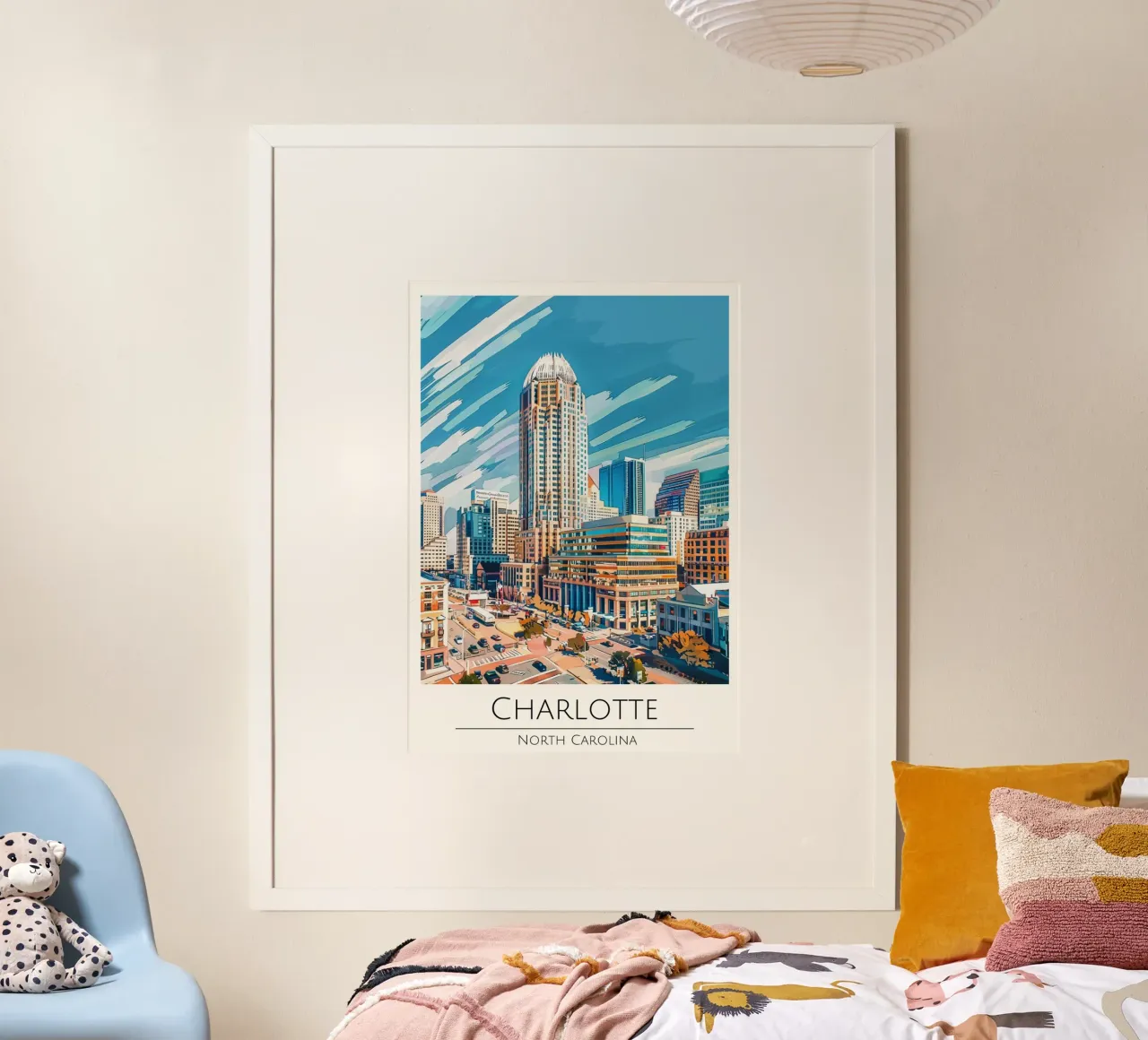 Charlotte, Carolina del Nord - Poster di viaggio in stile vintage poster con telaio in plastica da homdeco
