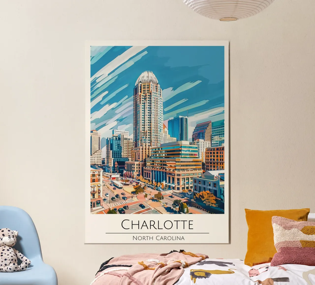 Charlotte, Carolina del Nord - Poster di viaggio in stile vintage poster con telaio in plastica da homdeco