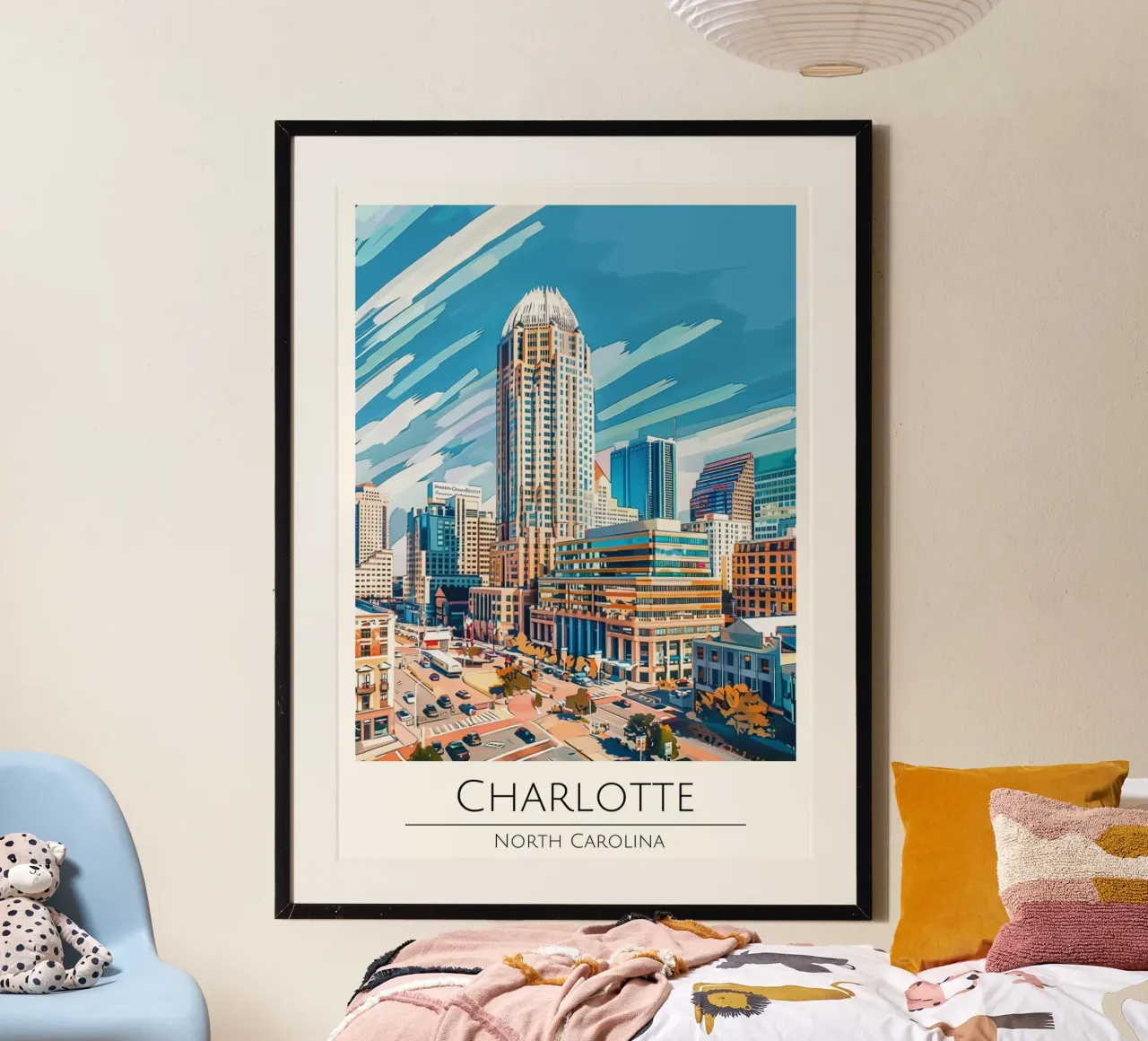 Charlotte, Carolina del Nord - Poster di viaggio in stile vintage poster con telaio in plastica da homdeco