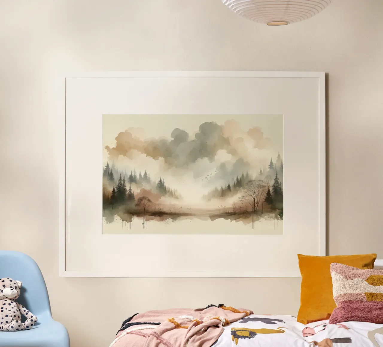 Tranquilla scena di bosco poster con telaio in legno da Chromatic Fusion Studio
