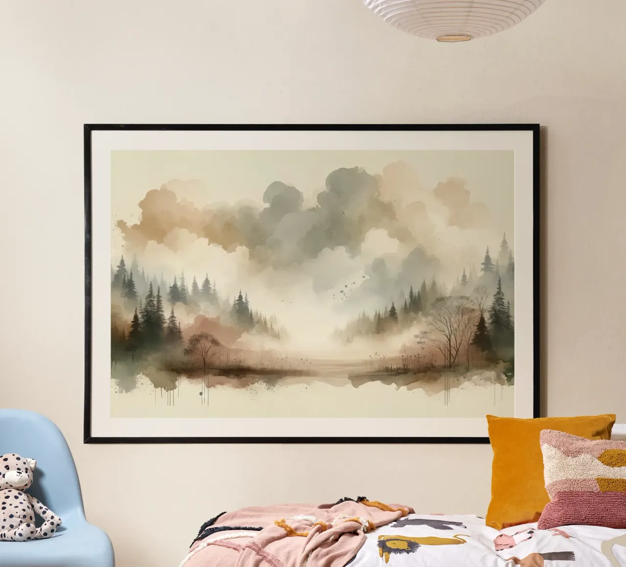 Tranquilla scena di bosco poster con telaio in legno da Chromatic Fusion Studio