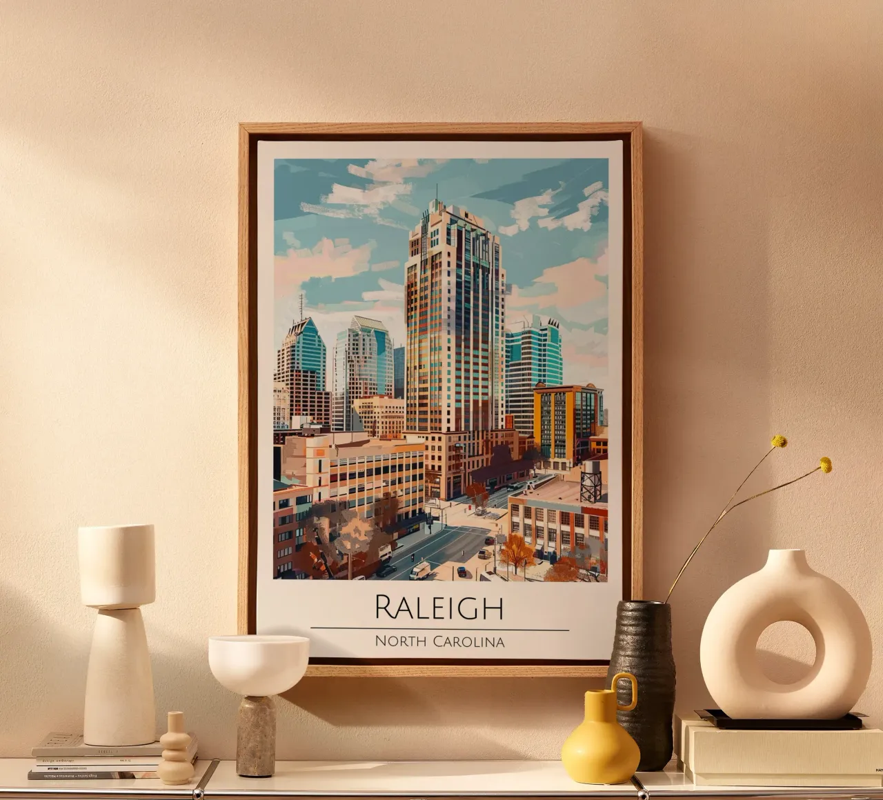 Raleigh, Carolina del Nord - Poster di viaggio in stile vintage tela con Cornice a cassetta da homdeco