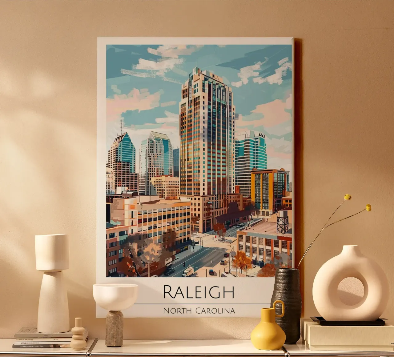Raleigh, Carolina del Nord - Poster di viaggio in stile vintage tela con Cornice a cassetta da homdeco