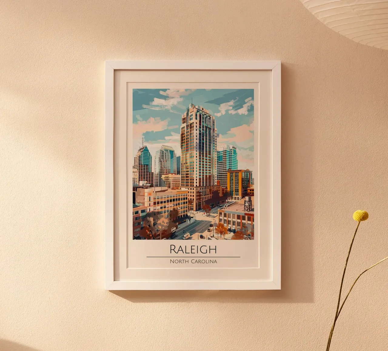 Raleigh, Carolina del Nord - Poster di viaggio in stile vintage poster con telaio in plastica da homdeco