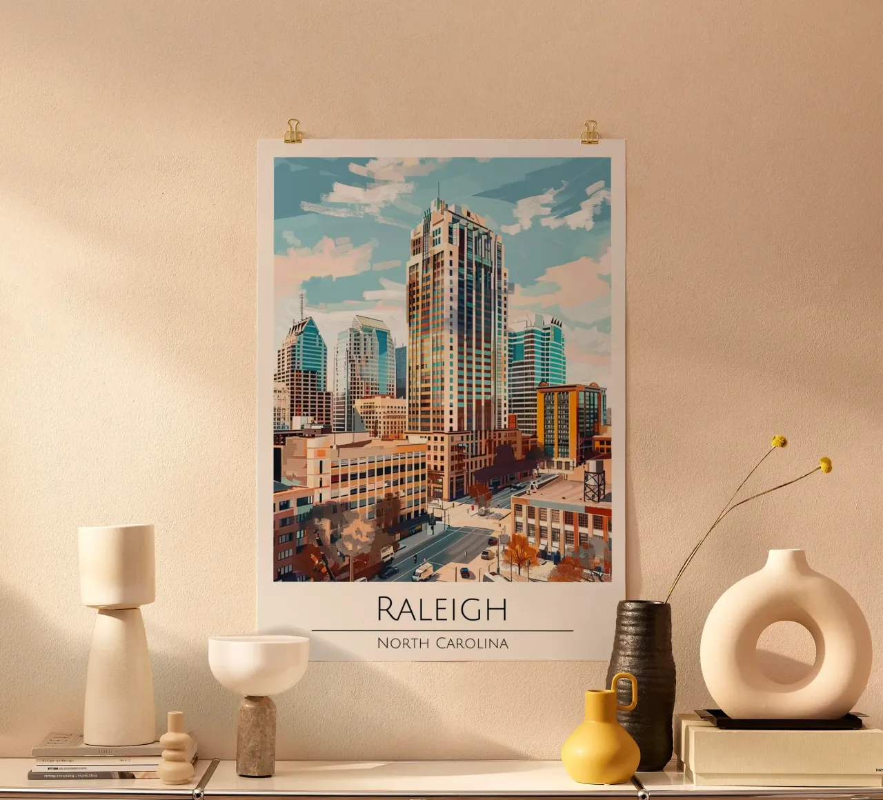 Raleigh, Carolina del Nord - Poster di viaggio in stile vintage poster con telaio in plastica da homdeco