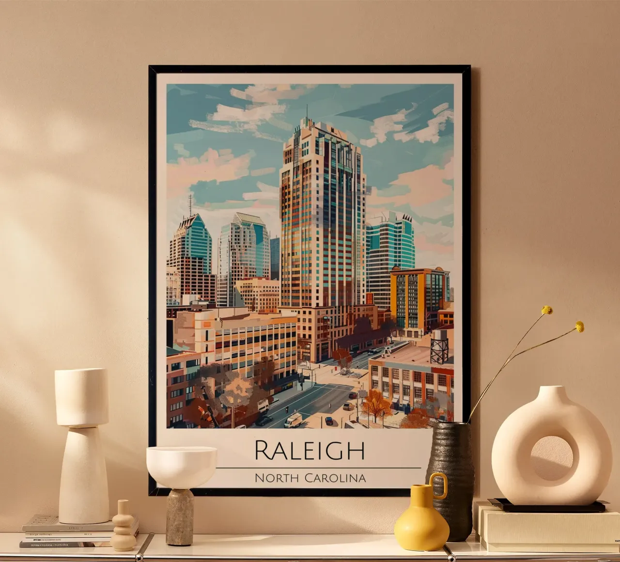 Raleigh, Carolina del Nord - Poster di viaggio in stile vintage poster con telaio in plastica da homdeco