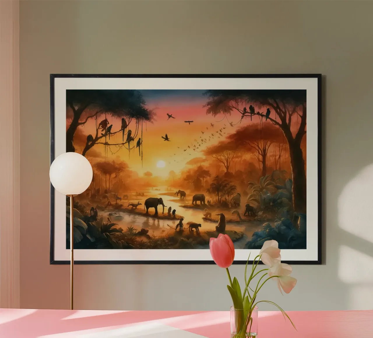 Serenità crepuscolare nella dimora della giungla poster con telaio in plastica da Chromatic Fusion Studio