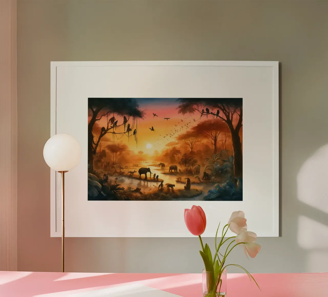 Serenità crepuscolare nella dimora della giungla poster con telaio in plastica da Chromatic Fusion Studio