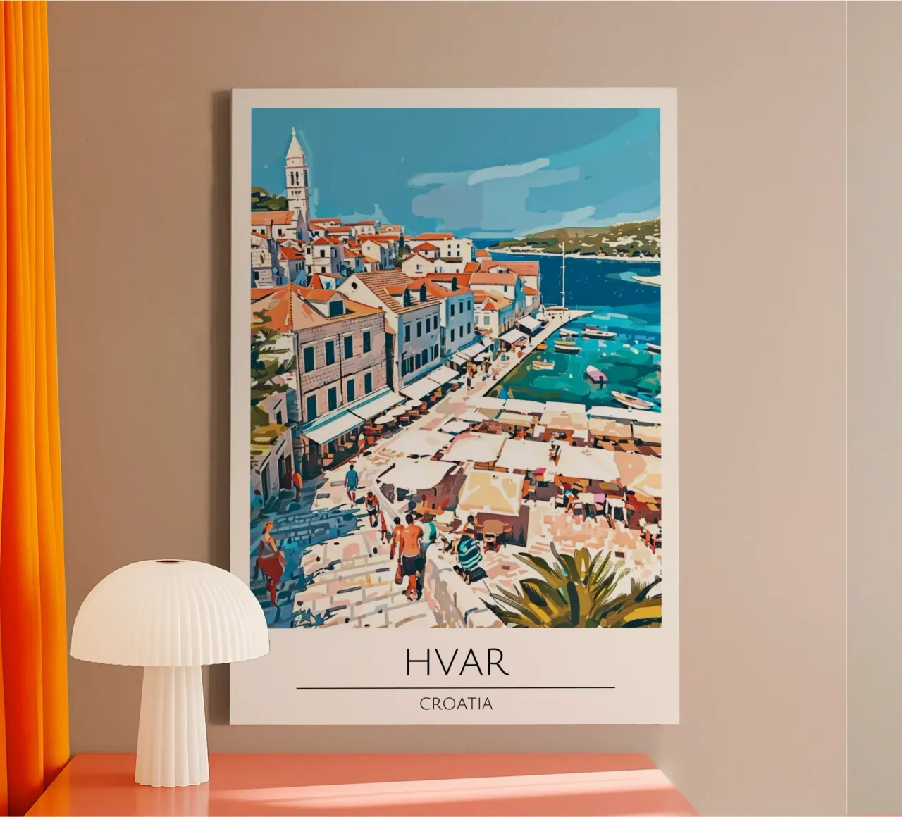 Hvar, Croazia - Poster di viaggio in stile vintage tela con Cornice a cassetta da homdeco