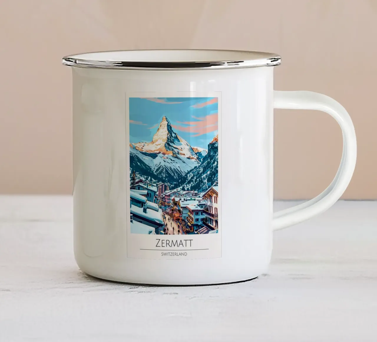 Zermatt, Svizzera - Poster d'epoca della stazione sciistica tazza in smalto da homdeco