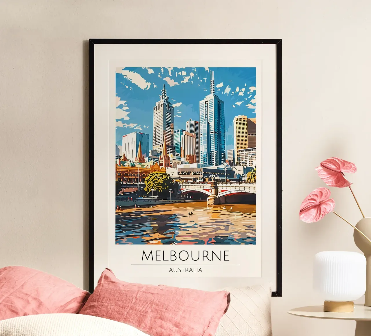Melbourne, Australia - Poster con paesaggio urbano in stile vintage poster con telaio in alluminio da homdeco