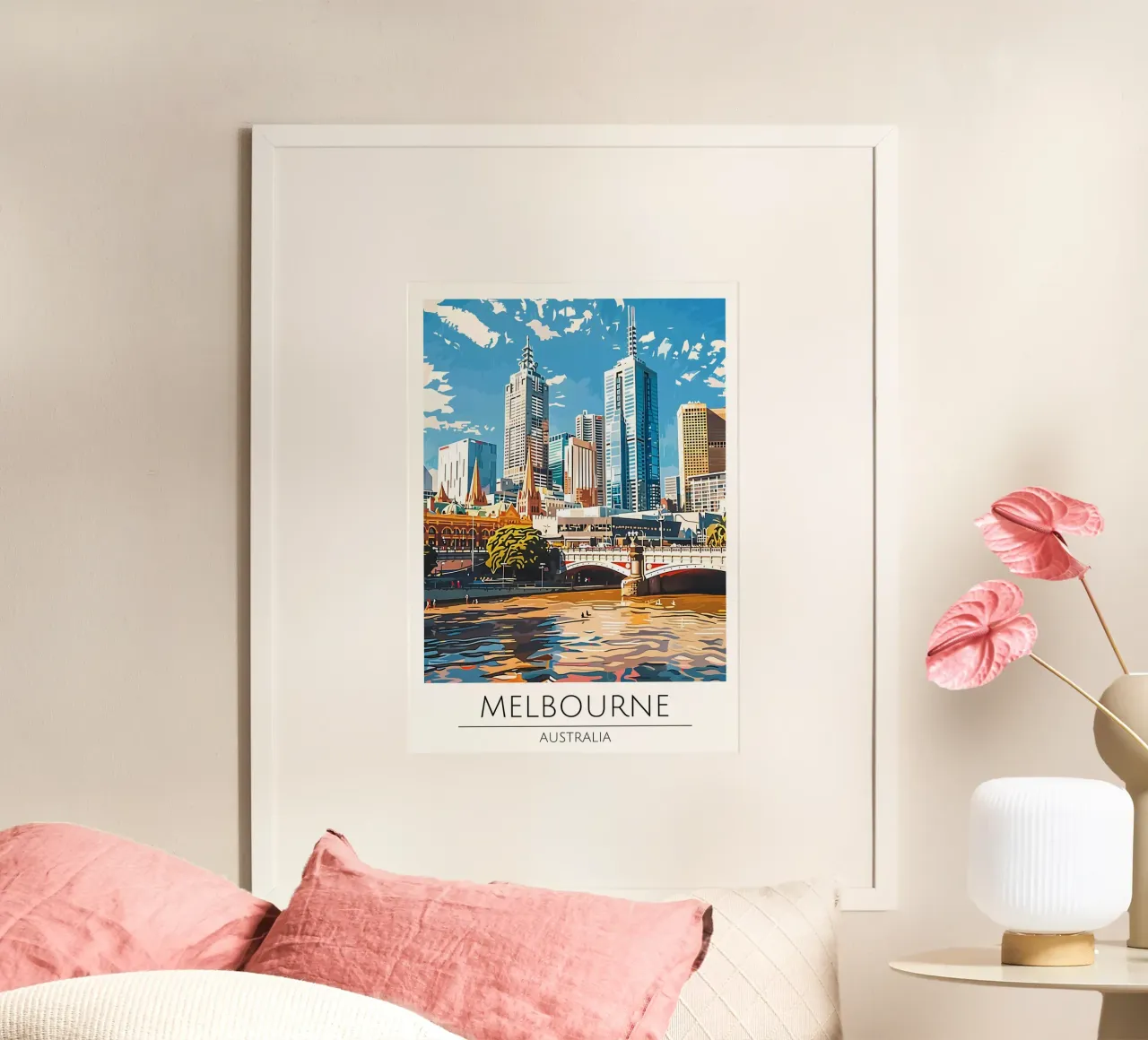 Melbourne, Australia - Poster con paesaggio urbano in stile vintage poster con telaio in alluminio da homdeco