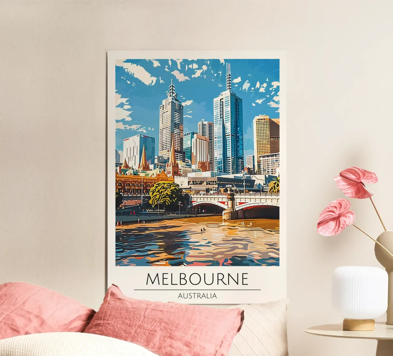 Melbourne, Australia - Poster con paesaggio urbano in stile vintage poster con telaio in alluminio da homdeco
