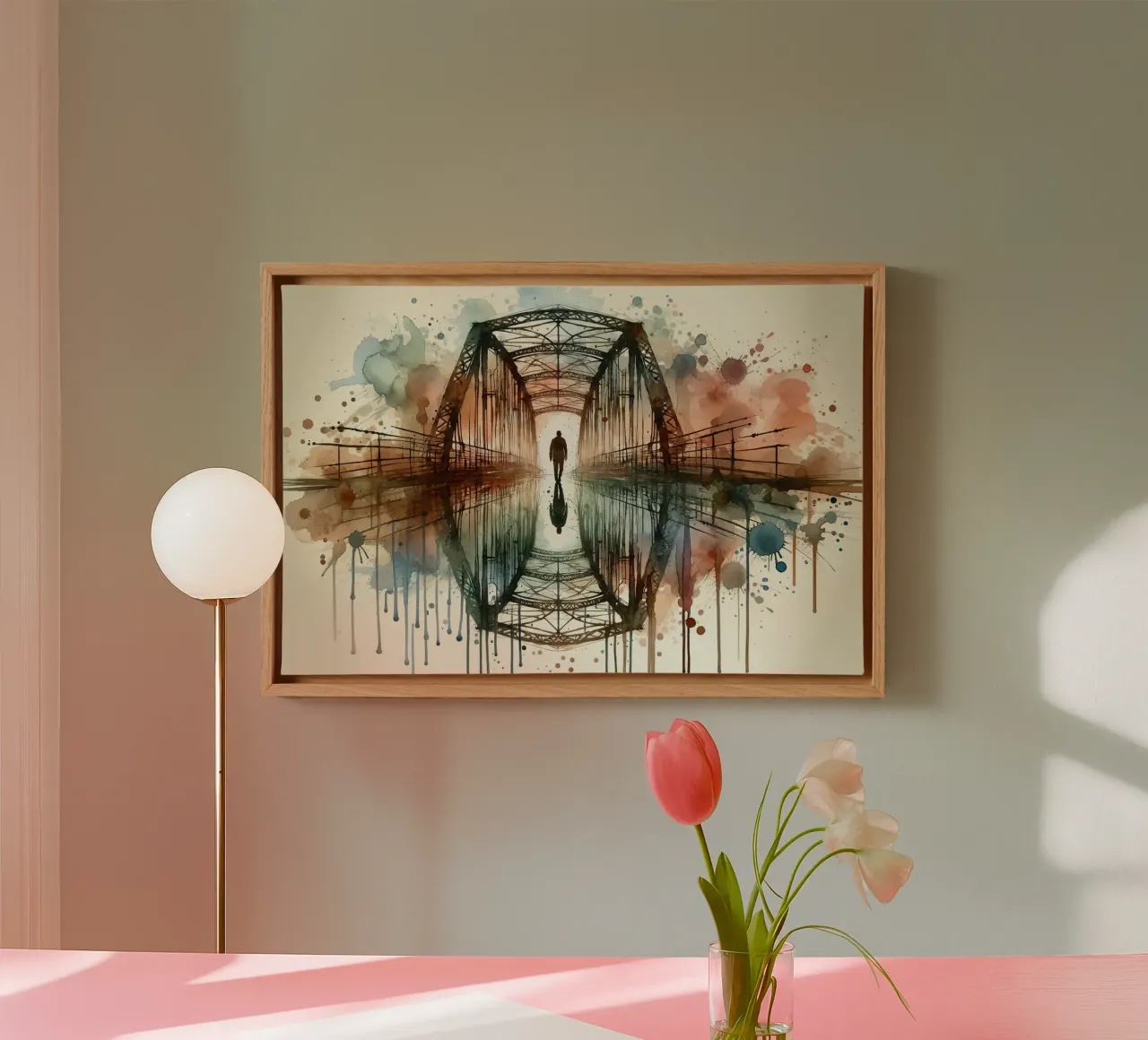 Vibrant Bridge Reflection canvas with Floater frame by Chromatic Fusion Studio