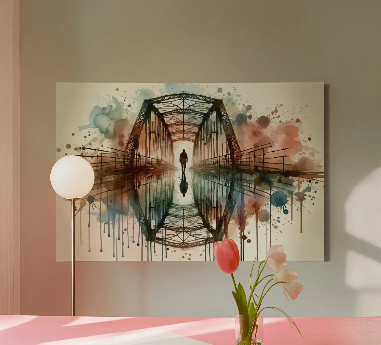 Vibrant Bridge Reflection canvas with Floater frame by Chromatic Fusion Studio
