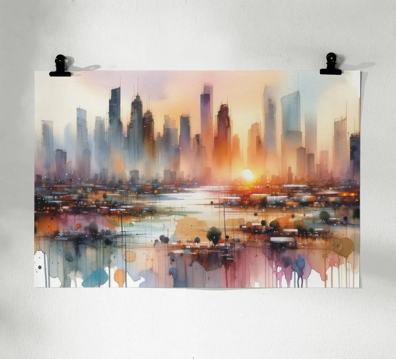 Levendig stadsbeeld bij zonsondergang poster van Chromatic Fusion Studio