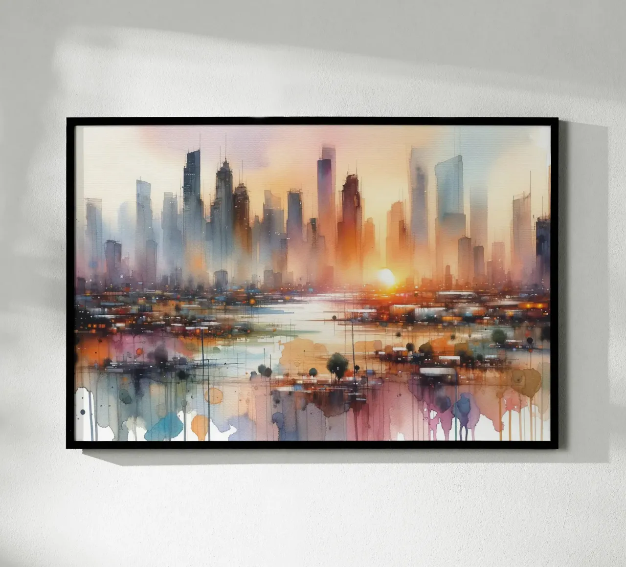 Levendig stadsbeeld bij zonsondergang poster van Chromatic Fusion Studio