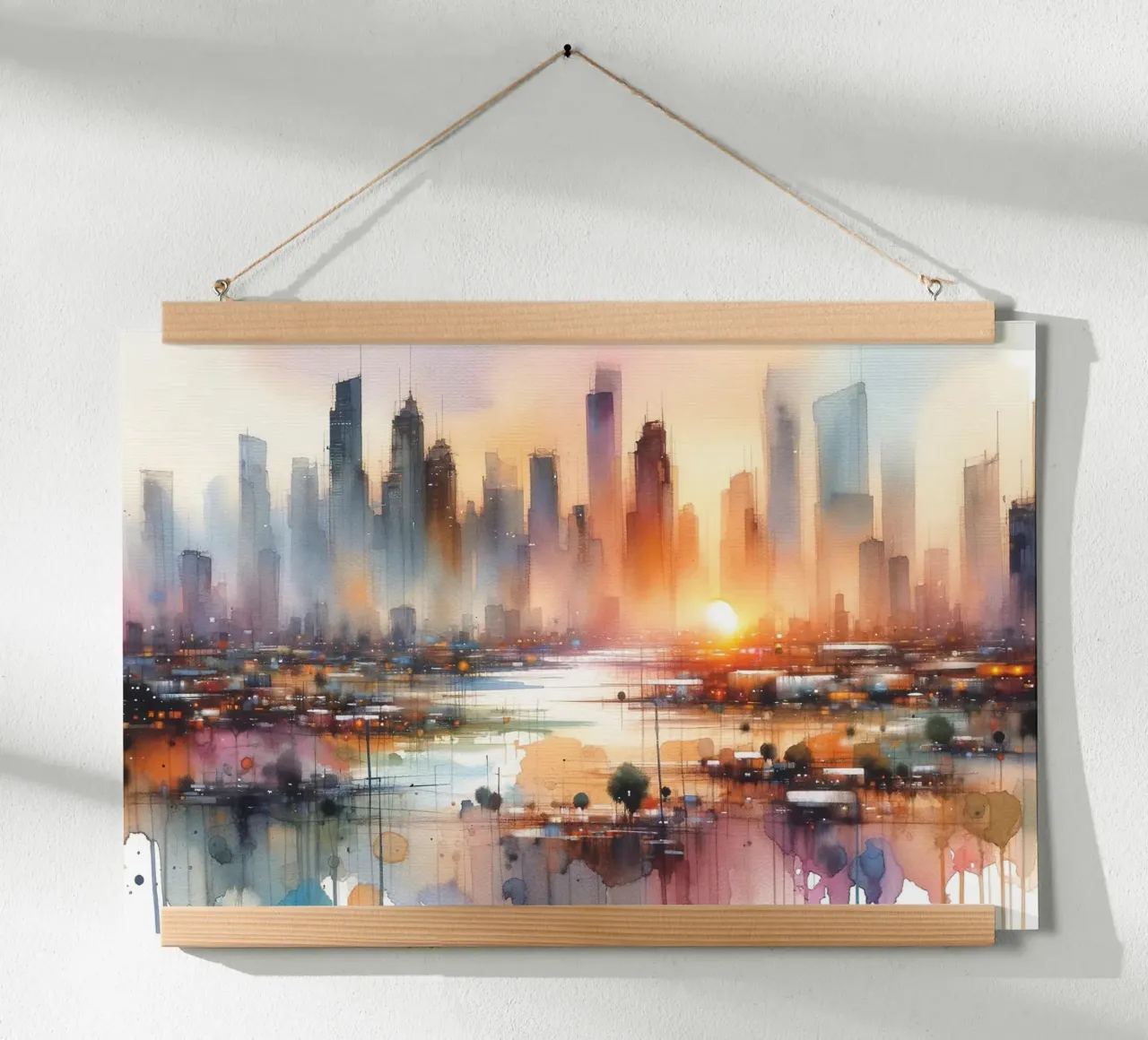 Levendig stadsbeeld bij zonsondergang poster van Chromatic Fusion Studio