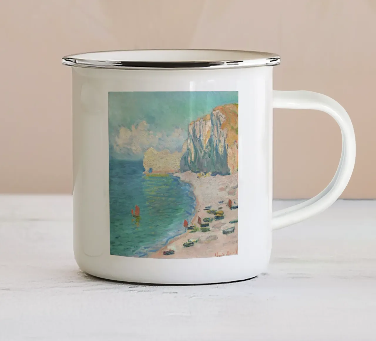 La spiaggia e la Falaise d'Amont (1885) di Claude Monet tazza in smalto da Venus Art