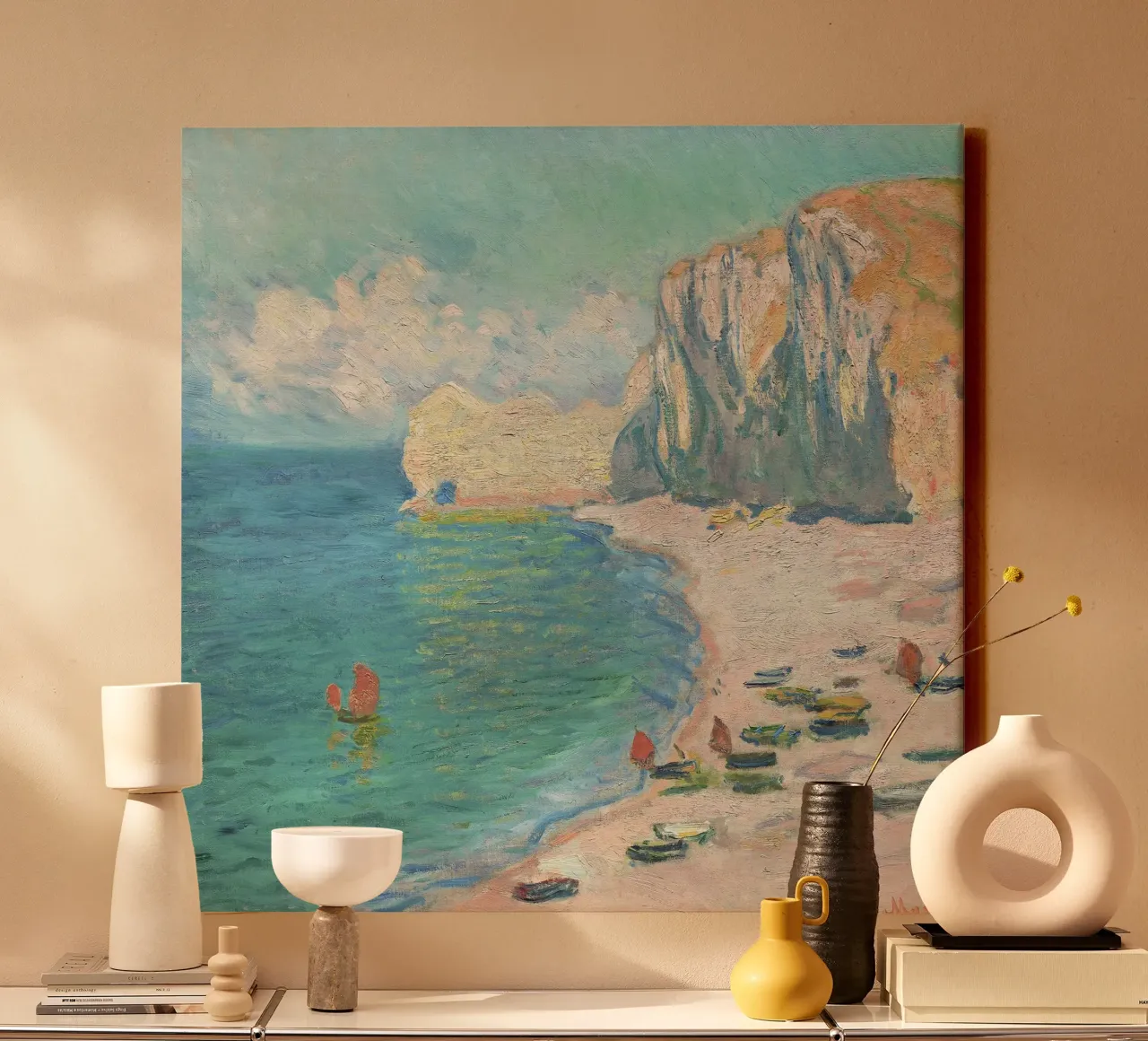 La spiaggia e la Falaise d'Amont (1885) di Claude Monet tela con Cornice a cassetta da Venus Art
