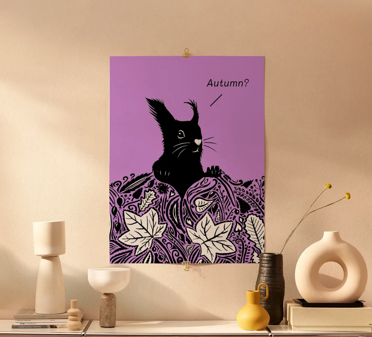Autunno? - Scoiattolo curioso viola poster da PaperLine Art