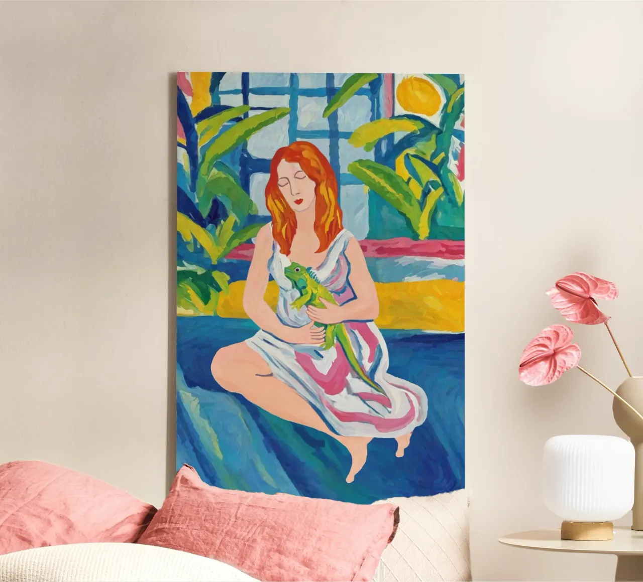 Donna con iguana, stampa ritratto della natura tropicale in grassetto tela con Cornice a cassetta da Hecate Pim Designs