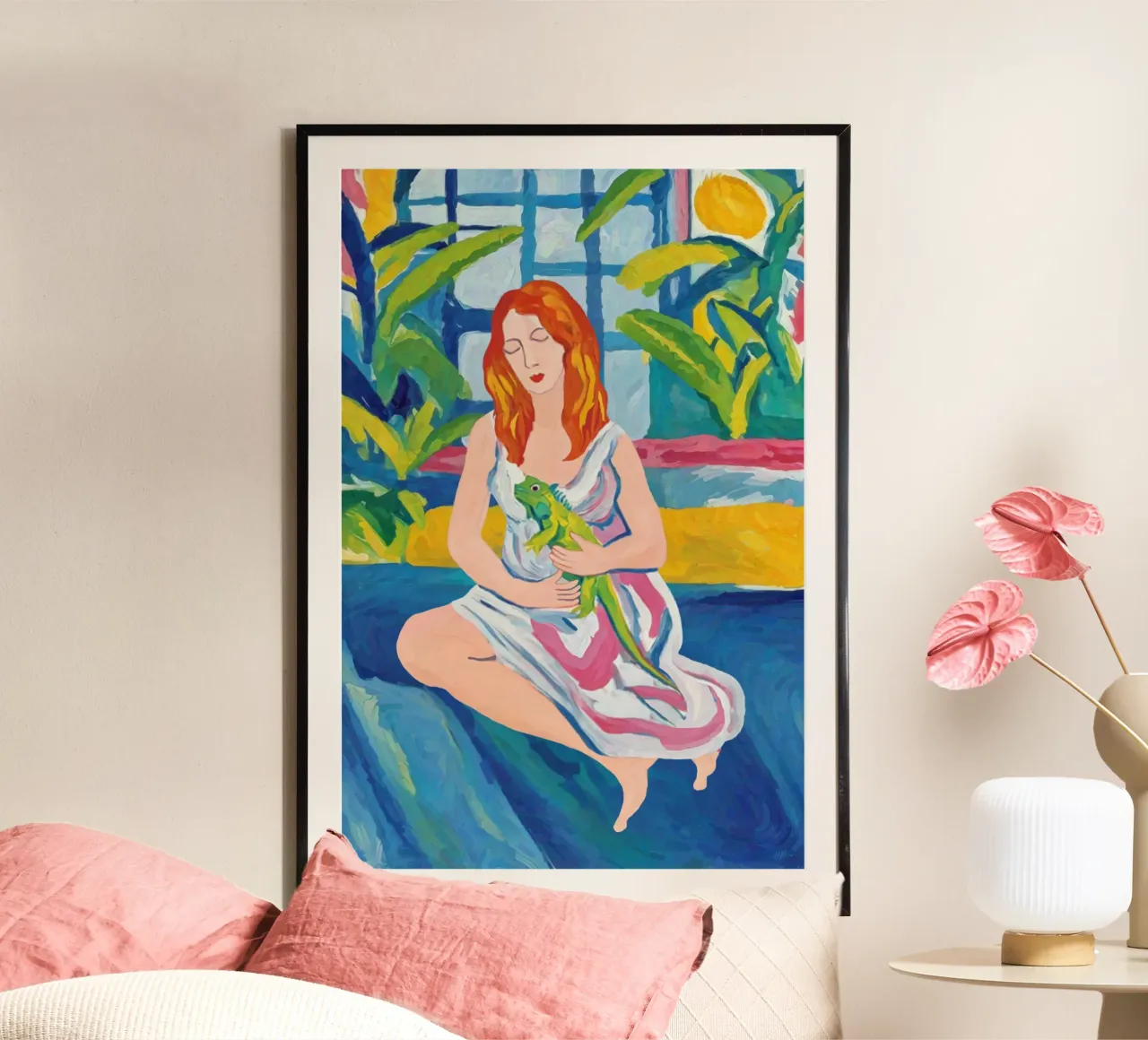 Donna con iguana, stampa ritratto della natura tropicale in grassetto poster con telaio in plastica da Hecate Pim Designs
