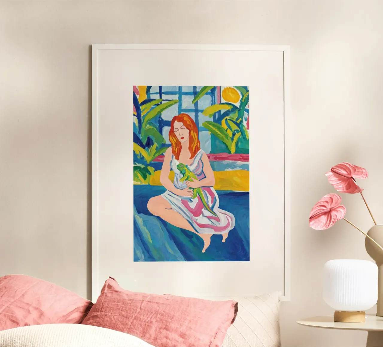 Donna con iguana, stampa ritratto della natura tropicale in grassetto poster con telaio in plastica da Hecate Pim Designs
