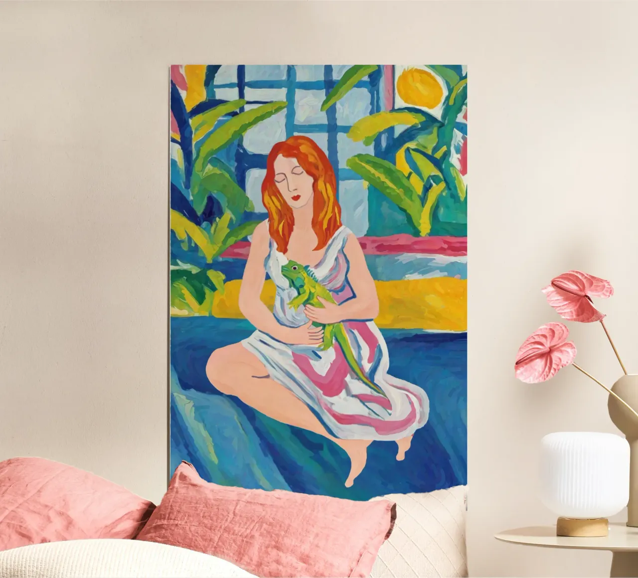 Donna con iguana, stampa ritratto della natura tropicale in grassetto poster con telaio in plastica da Hecate Pim Designs