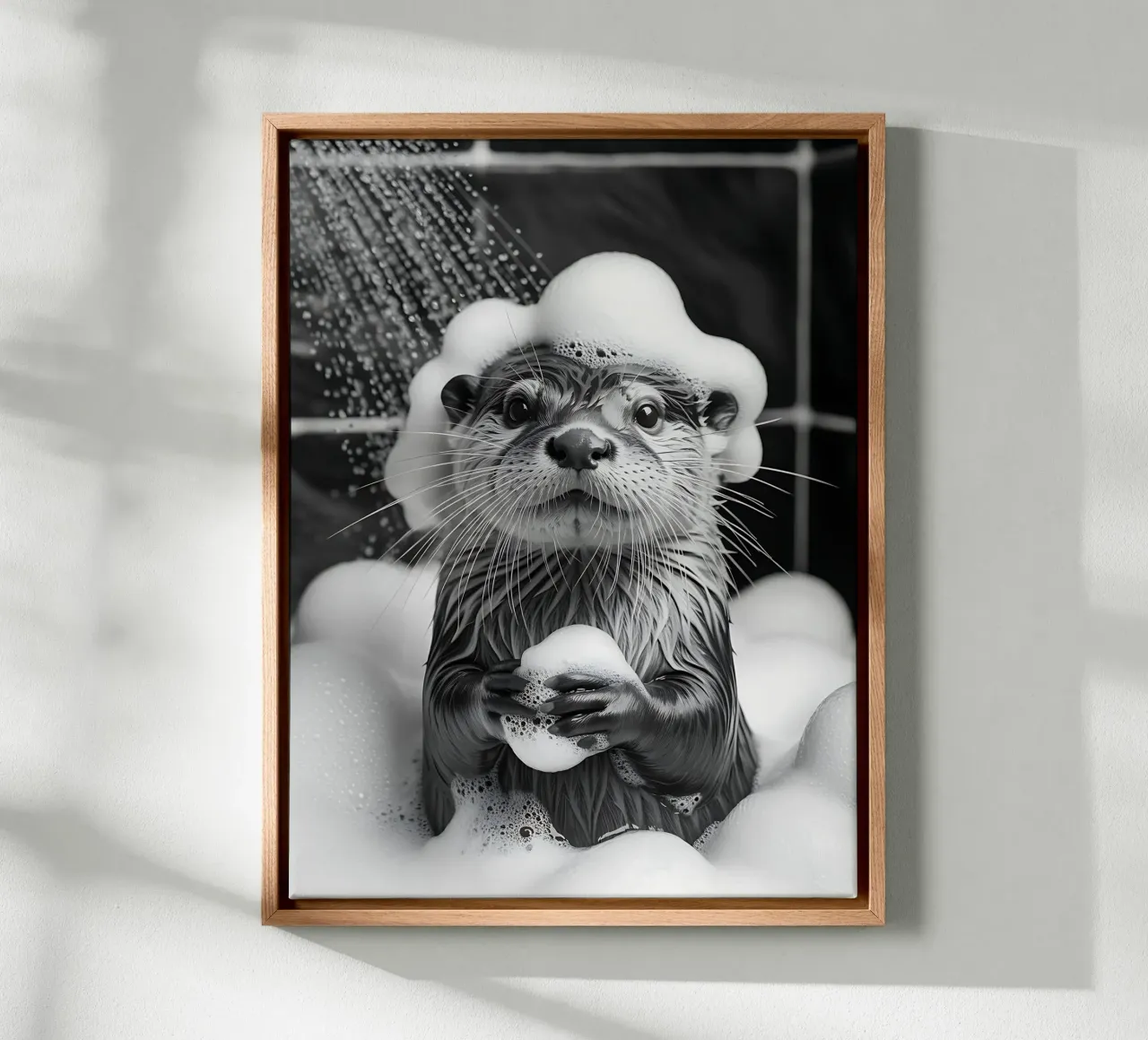 Foaming Otter in the Shower canvas with Floater frame by Plain Thoughts