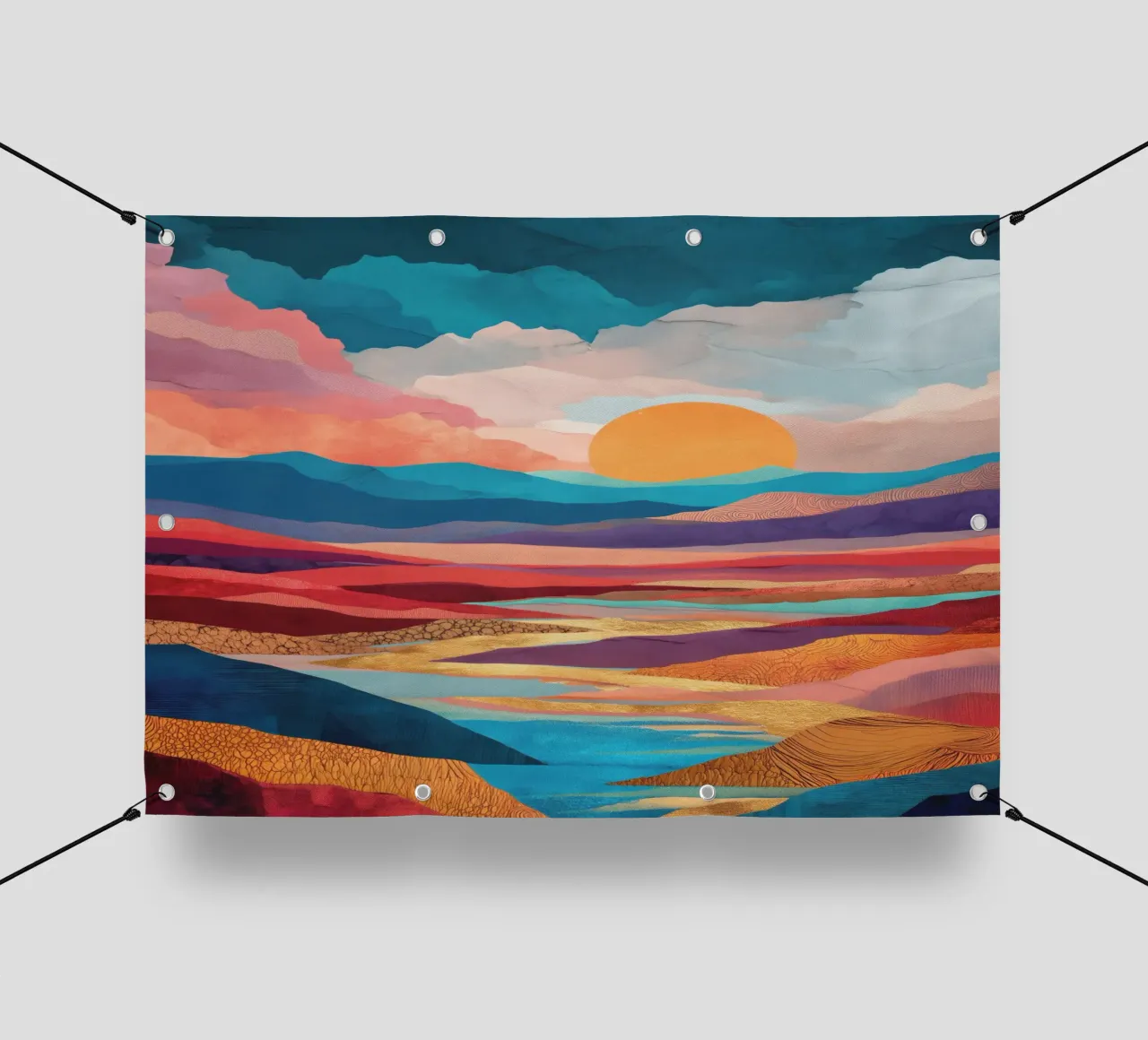 Abstract Colorful Landscape with Golden River and Sunset Sky telo in pvc da Dune