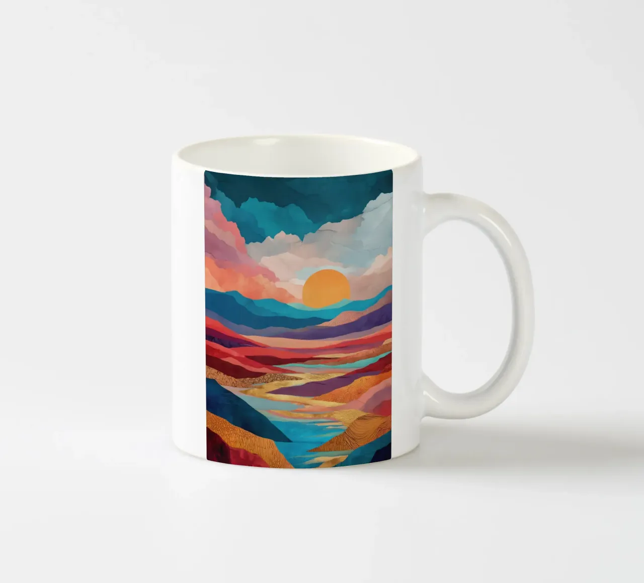 Abstract Colorful Landscape with Golden River and Sunset Sky tazza in ceramica da Dune