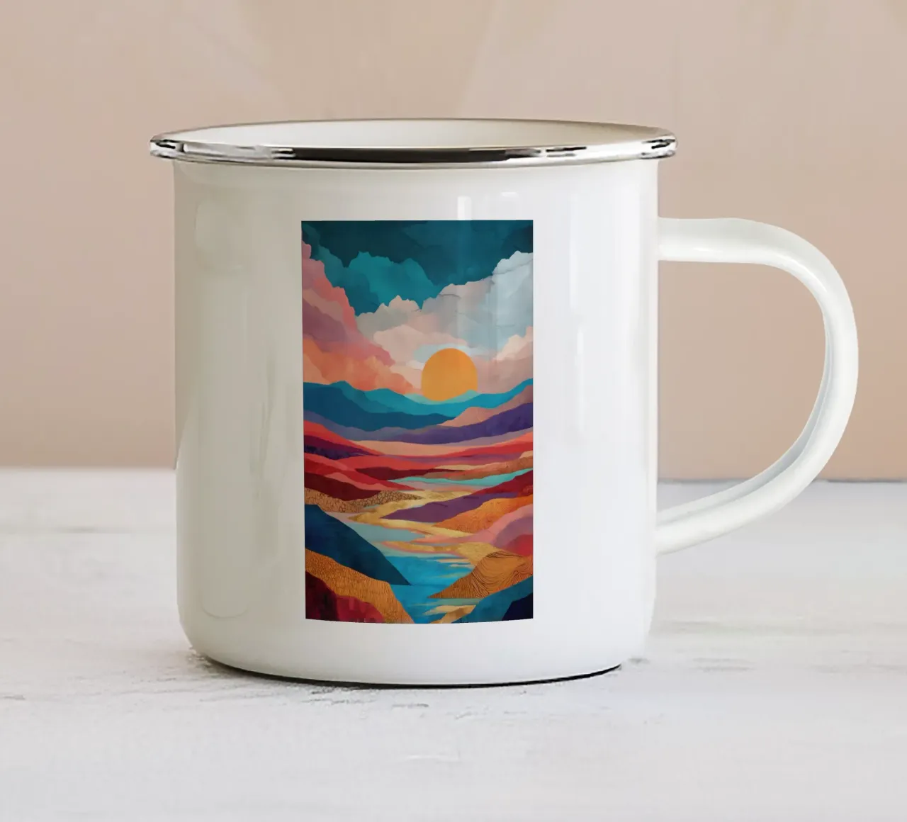 Abstract Colorful Landscape with Golden River and Sunset Sky tazza in smalto da Dune
