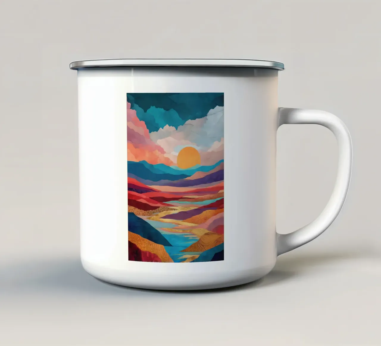 Abstract Colorful Landscape with Golden River and Sunset Sky tazza in smalto da Dune