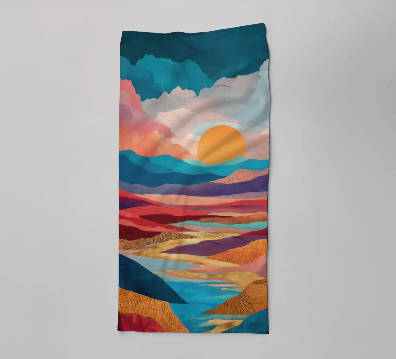 Abstract Colorful Landscape with Golden River and Sunset Sky towel by Dune