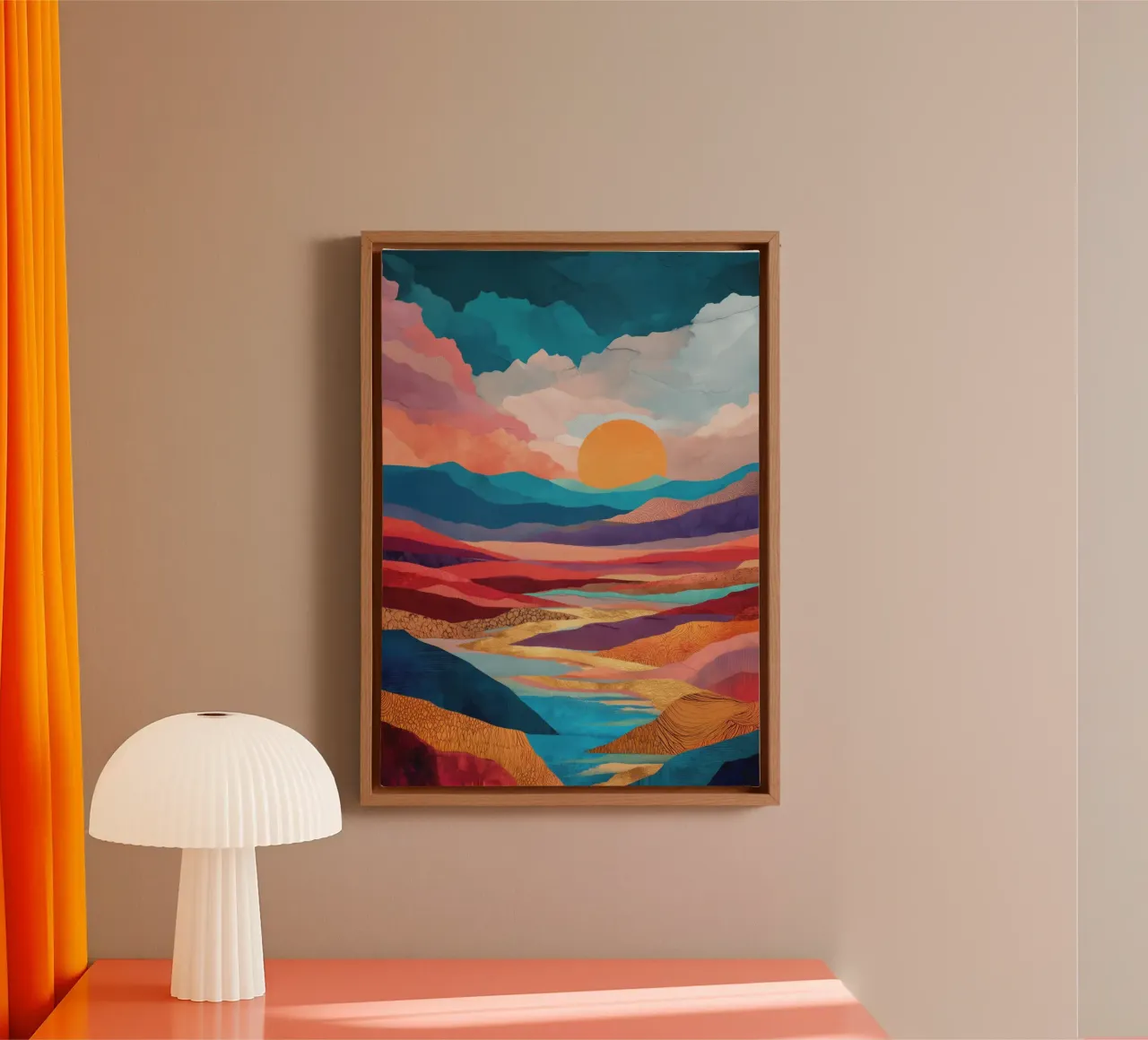Abstract Colorful Landscape with Golden River and Sunset Sky canvas met Baklijst van Dune