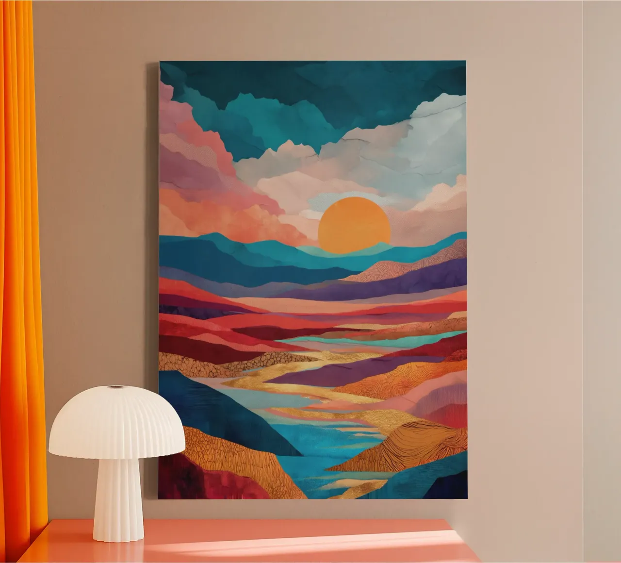Abstract Colorful Landscape with Golden River and Sunset Sky canvas met Baklijst van Dune