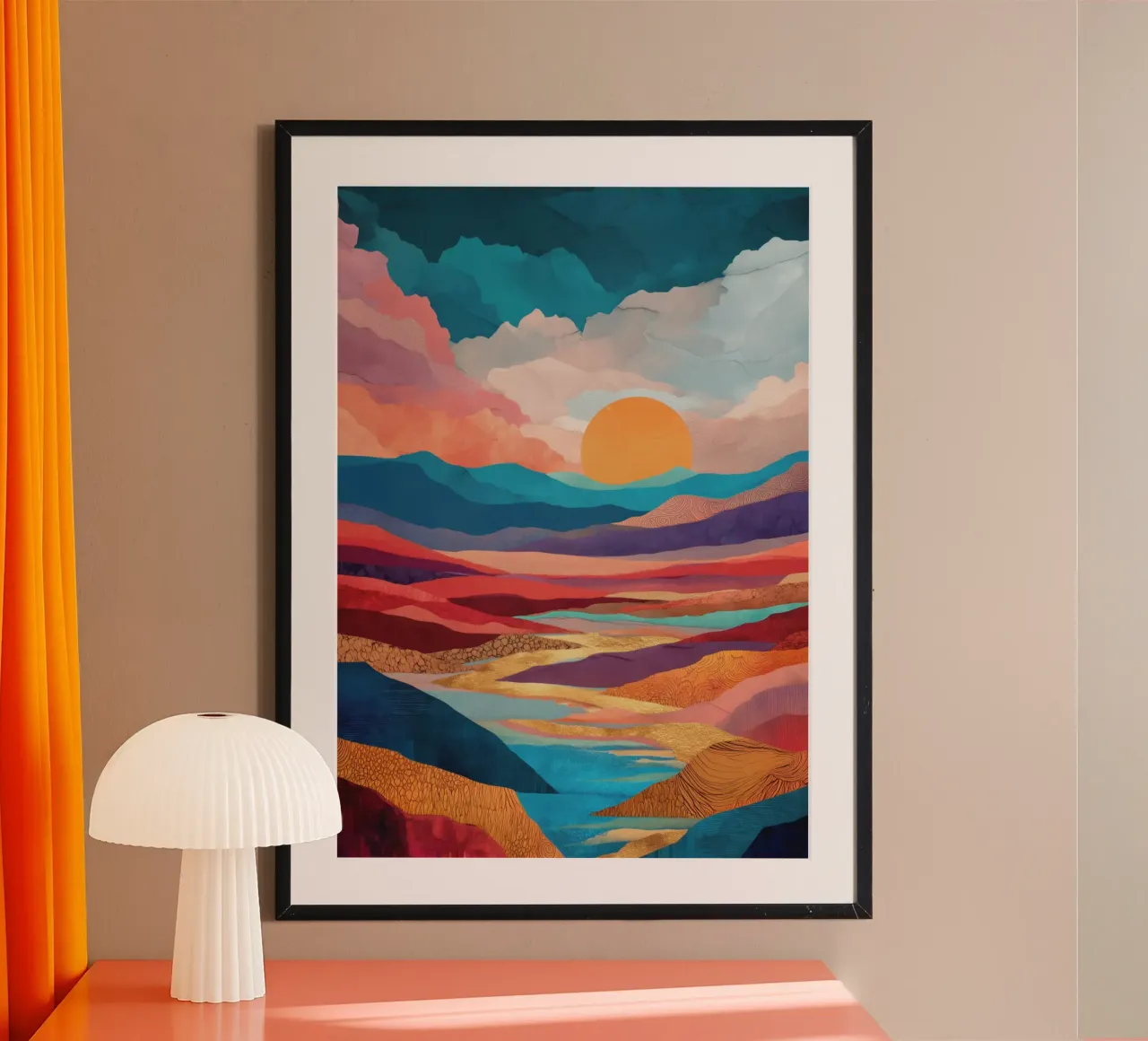 Abstract Colorful Landscape with Golden River and Sunset Sky poster con telaio in plastica da Dune