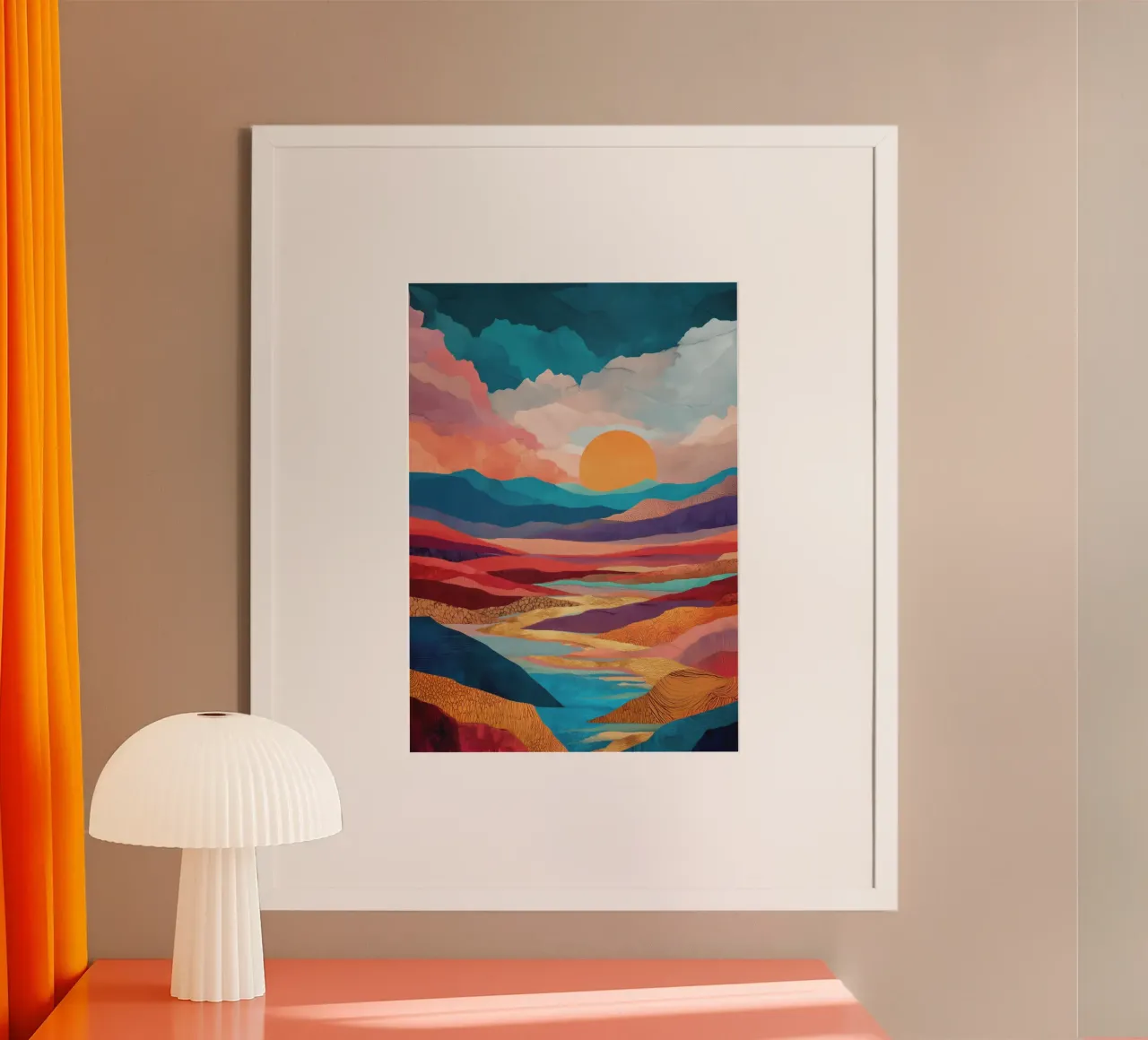 Abstract Colorful Landscape with Golden River and Sunset Sky poster con telaio in plastica da Dune