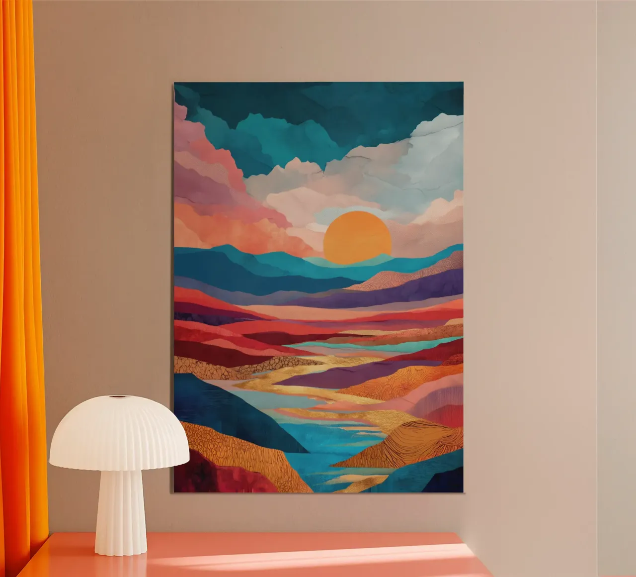 Abstract Colorful Landscape with Golden River and Sunset Sky poster con telaio in plastica da Dune