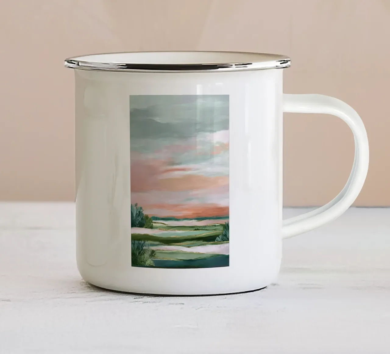 Blush Meadow - Modern Soft Landscape in Green and Rose tazza in smalto da Dune